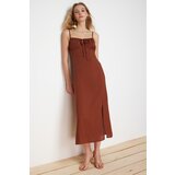 Trendyol Brown A-Line Midi Woven Dress with Tie Detail on the Collar Cene