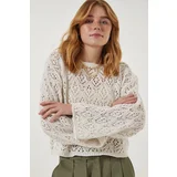  Women's Cream Boat Neck Openwork Seasonal Crop Knitwear Sweater