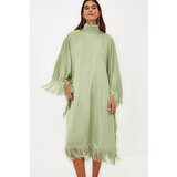 Trendyol Khaki Tassel Detailed Satin Woven Kaftan Evening Dress Cene