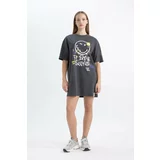 Defacto Crew Neck Smiley Licence Mini Short Sleeve Knitted Dress