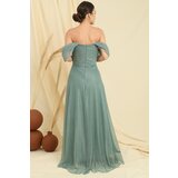 By Saygı Low Sleeve Lined Skirt Pleated Silvery Long Tulle Dress | Shoptok.si