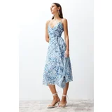 Trendyol Blue Animal Pattern Skirt Flounce Chiffon Lined Midi Woven Dress