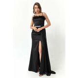 Lafaba Women's Black Long Satin Evening Dress with Rope Straps and Stones and a Belt Cene