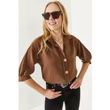 Olalook Women's Dark Brown Wooden Buttoned Three Quarter Sleeve Linen Shirt