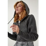 Happiness İstanbul Women's Anthracite Hooded Zippered Knitwear Cardigan