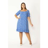 Şans Women's Plus Size Flower Patterned Dress With Elastic Neck And Arm Cuff Cene