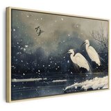  Slika - Herons over a winter pond - Japanese-style illustration in dark colours 120x80 U prirodnom drvenom okviru | shoptok.hr
