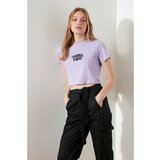 Trendyol Lila Embroidered Crop Knitted T-Shirt | Shoptok.si