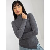 Fashion Hunters Dark gray ribbed asymmetrical sweater with a stand-up collar Cene