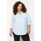 Trendyol Curve Blue Cotton Long Sleeve Double Pocket Skirt Slit Poplin Woven Plus Size Shirt