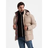 Ombre Men's puffer jacket with check lining - beige | Shoptok.si