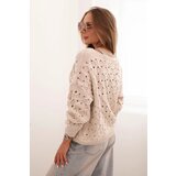 Kesi Włoski Women's openwork sweater with a V-neck and gold buttons beige | Shoptok.si