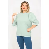 Şans Women's Plus Size Green Shoulder Gathered Capri Sleeve Sweatshirt