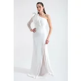 Lafaba Women's White One-Shoulder Stripe Lace Detailed Long Evening Dress