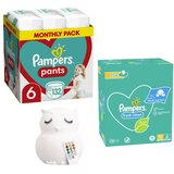 Pampers Pelene Pants 6, Monthly, 15+kg, 132/1+ Vlažne maramice Fresh clean, 15x80 komada+Lumipets Noćna lampa Sova Cene
