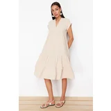 Trendyol Stone Wide Cut V-Neck Skirt Asymmetric Flounce Aerobin Woven Dress