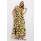 Trend Alaçatı Stili Women's Khaki Strap Skirt Flounce Floral Patterned Gimped Woven Dress cene