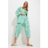 Trend Alaçatı Stili Women's Green Patterned Kimono With Jacket And Trousers Linen Woven Bottom Top Suit Cene