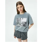 Koton Printed Faded Effect T-Shirt Short Sleeve Crew Neck Comfort Fit Cotton