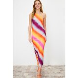 Trendyol Multi Color Printed Fitted Asymmetrical Neck Stretch Knitted Maxi Dress Cene