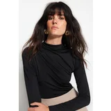 Trendyol Black Ruffle Detailed Stand Collar With Snap Snaps, Flexible Knitted Body