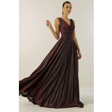 By Saygı Thick Straps and Lined Mini Checkered Long Evening Dress with Wide Body Range, Glitter cene
