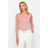 Trendyol Dried Rose Square Collar Lace Sleeves Knitted Body With Snap Buttons Cene
