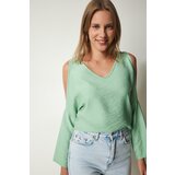 Women's Aquatic Green Off-the-shoulder, Decollete, Flowy Wrap Blouse