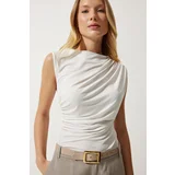  Women's Ecru Gathered Sleeveless Knitted Blouse