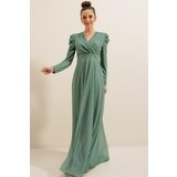 By Saygı Lace Neck Shoulder Pleated Lined Glittery Long Dress | shoptok.hr