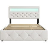 Lumor Oblazinjena postelja za odrasle 140x200 cm z LED – z dodatno izvlečno posteljo in 2 predaloma – lanena tkanina – bela, (22151149) | Shoptok.si