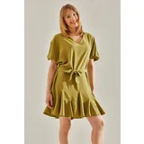 Bianco Lucci Women's Oil Green Ruffle Detailed V-Neck Belted Dress