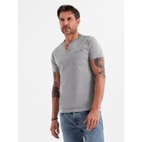 Ombre Men's t-shirt with button neckline and suede trim - grey | Shoptok.si