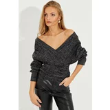 Cool & Sexy Women's Black-Silver Double Breasted Silvery Sweater