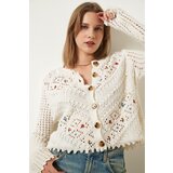 Happiness İstanbul Cream Floral Embroidered Textured Seasonal Knitwear Cardigan Cene