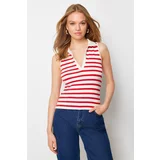 Trendyol Red Striped Fitted Polo Neck Stretchy Knitted Blouse