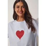 Happiness İstanbul Women's Sky Blue Sparkling Heart Printed Oversized Knitted T-Shirt