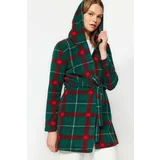 Trendyol Green Checkered Hooded Fleece Knitted Dressing Gown