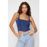 Trendyol Navy Blue Weathered/Faded Effect Body-Shouldered Ribbed Stretch Knit Blouse Cene