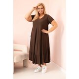 Kesi Włoski Plus size women's dress with short sleeves and ruffle made of light viscose brown | Shoptok.si