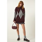  Burgundy Gray Premium Diamond Pattern Oversize Knitwear Sweater Cene