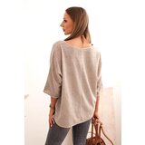 Kesi Włoski Women's linen-cotton blouse with short sleeves dark beige | shoptok.hr