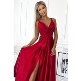 Numoco 498-4 Long satin dress with a neckline and double straps - red | Shoptok.si