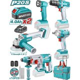 Total akumulatorski kombinirani komplet, 20V/2x4Ah/ TIWLI2038/ TDLI20051/ TRHLI20228/ TAGLI201158/ TWLI2023/ INDUSTRIAL (TCKLI2019) | shoptok.hr