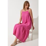  Women's Dark Pink Strappy Summer Loose Muslin Dress Cene