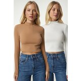Happiness İstanbul Women's White Biscuit Stand-Up Collar Ribbed Camisole 2-Pack Crop Top Cene