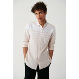 Avva men's beige 100% cotton buttoned collar linen look block striped slim fit slim fit shirt Cene