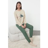 Trendyol Beige 100% Cotton Striped Christmas Themed Knitted Pajama Set | shoptok.hr