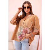 Kesi Włoski Women's cotton blouse with a floral pattern and buttons - camel | Shoptok.si