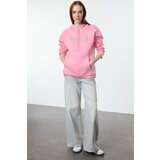 Trendyol Pink Thick Polar Fleece Hooded Slogan Printed Oversize/Wide Pattern Knitted Sweatshirt cene